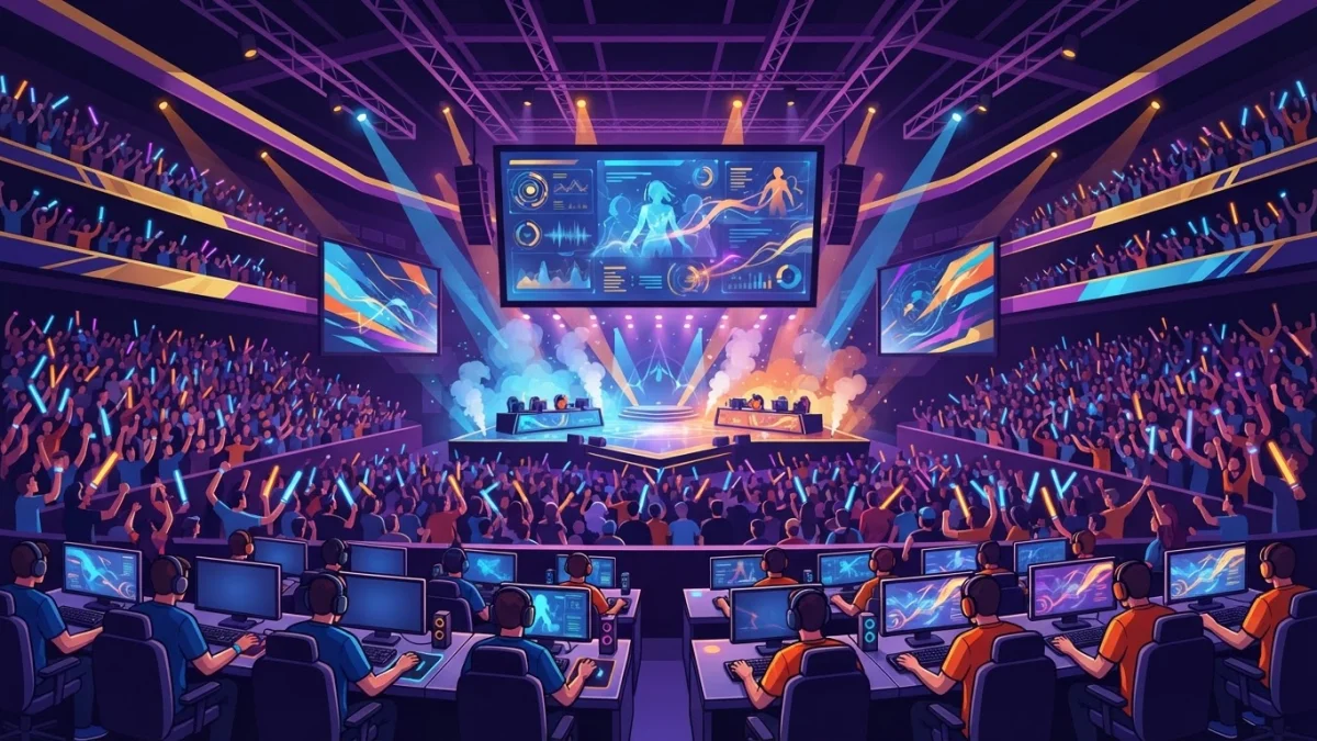 A packed esports arena with a glowing stage, a huge scoreboard screen with no text, and rows of generic players at gaming desks under blue and orange lights. A cheering crowd waves glow sticks in the