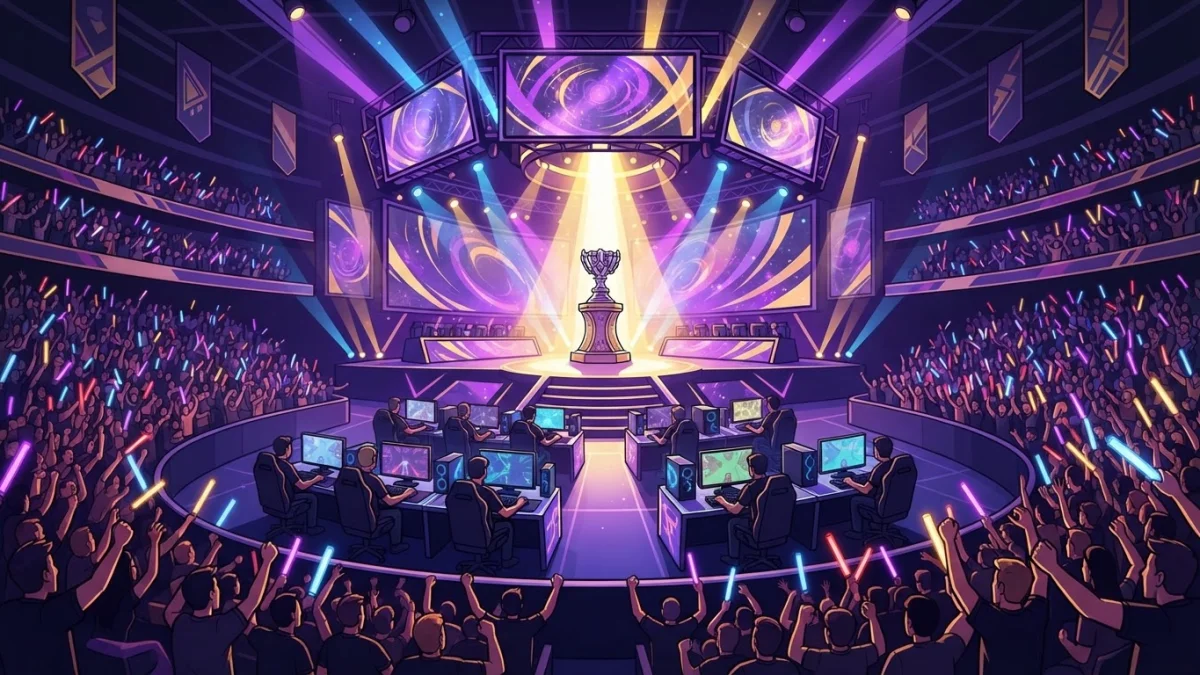 A packed esports arena with a huge glowing stage and an empty trophy pedestal under spotlights. Generic gamers in plain dark jerseys sit at rows of gaming PCs while a cheering crowd waves colored ligh