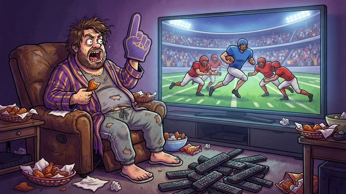 A cartoon couch legend in a battered recliner surrounded by wing baskets and a pile of thrown remotes, cheering at a big TV showing a generic football stadium. A runner in a plain jersey plows through