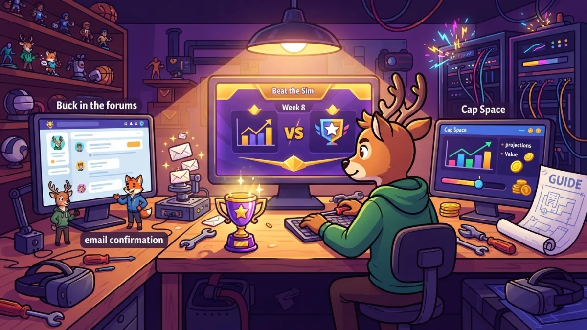 A friendly cartoon workshop where a game website is being built and upgraded: glowing screens, tools, sparks, a purple and gold trophy on the bench. Mood of the story: Beat Buck, Buck in the forums, a