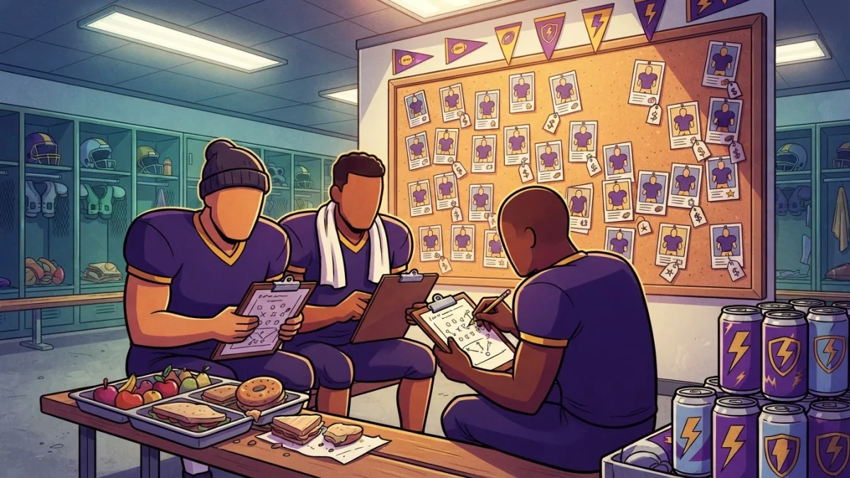 A cartoon football locker room with a big bulletin board covered in player cards and price tags, a half-eaten buffet tray on a bench, and a few generic cartoon players in plain jerseys comparing lineu
