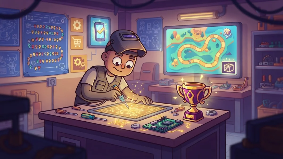 A friendly cartoon workshop where a game website is being built and upgraded: glowing screens, tools, sparks, a purple and gold trophy on the bench. Mood of the story: BrickHaus is here, plus a toughe