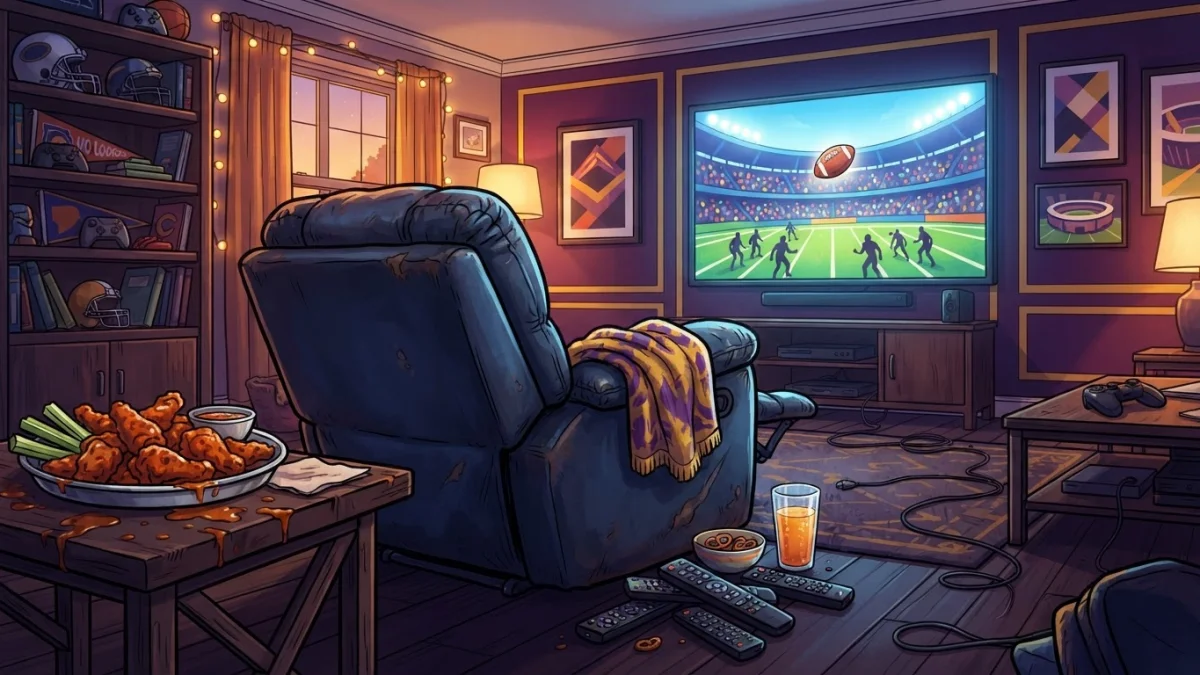 A cartoon living room packed with game-day gear: a worn recliner facing a big TV showing a generic football stadium, a pile of remotes on the floor, and a platter of hot wings with sauce splattered ne