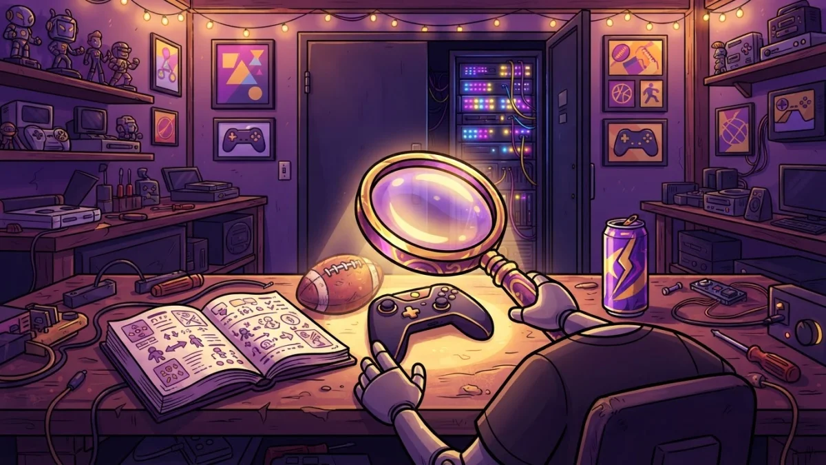 A cartoon workbench in a cozy gamer's workshop with a glowing magnifying glass over a game controller, a football, and a small pile of guide pages. An energy drink can sits nearby, and a humming serve