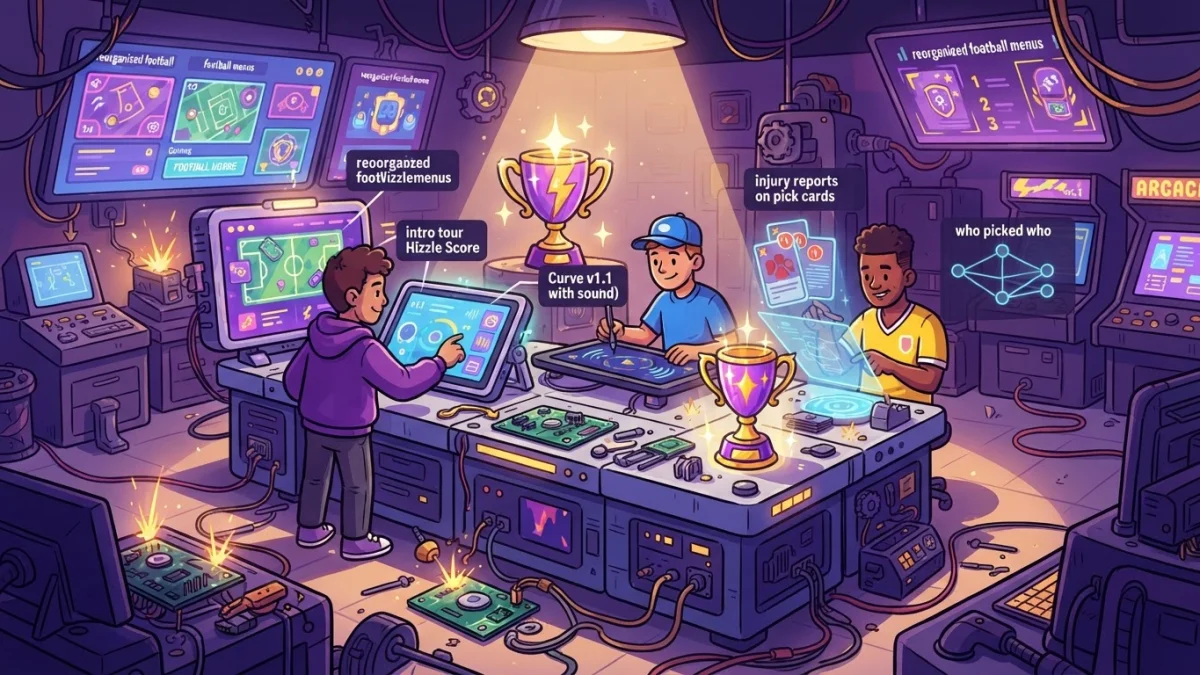 A friendly cartoon workshop where a game website is being built and upgraded: glowing screens, tools, sparks, a purple and gold trophy on the bench. Mood of the story: New on Hizzle: the intro tour, C