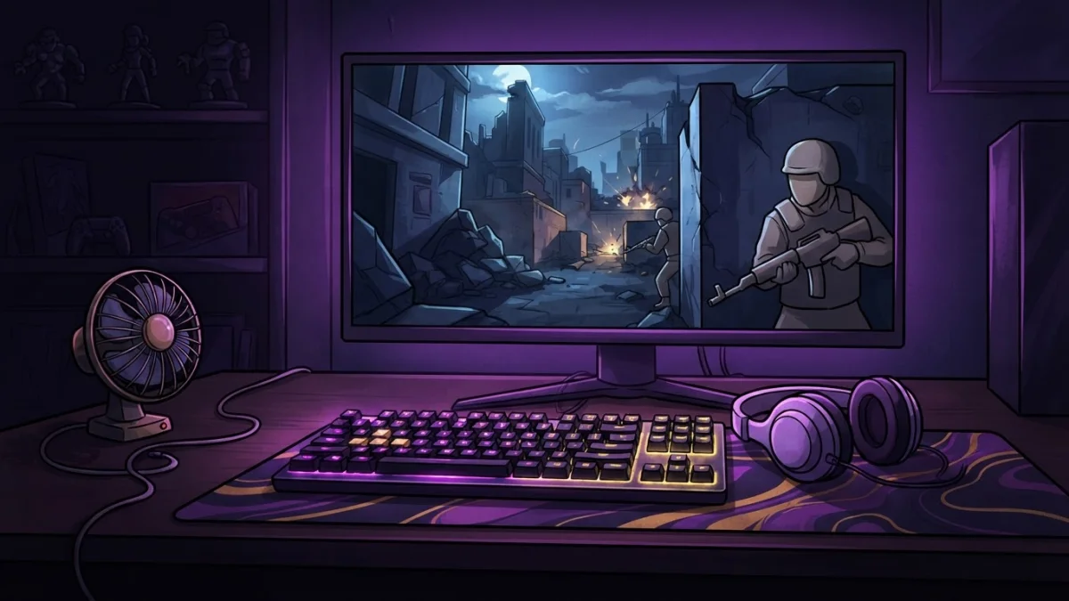 A dim gaming desk at night with a glowing mechanical keyboard, a headset resting beside it, and a monitor showing a moody tactical shooter map. A single small fan sits unplugged in the corner.